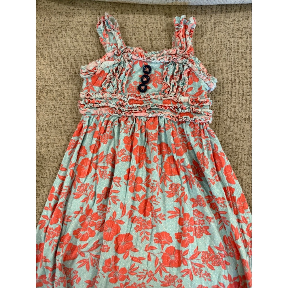Matilda Jane Girls Coral Blue Floral Ruffle Dress Size 2 Sleeveless Knit Smocked
